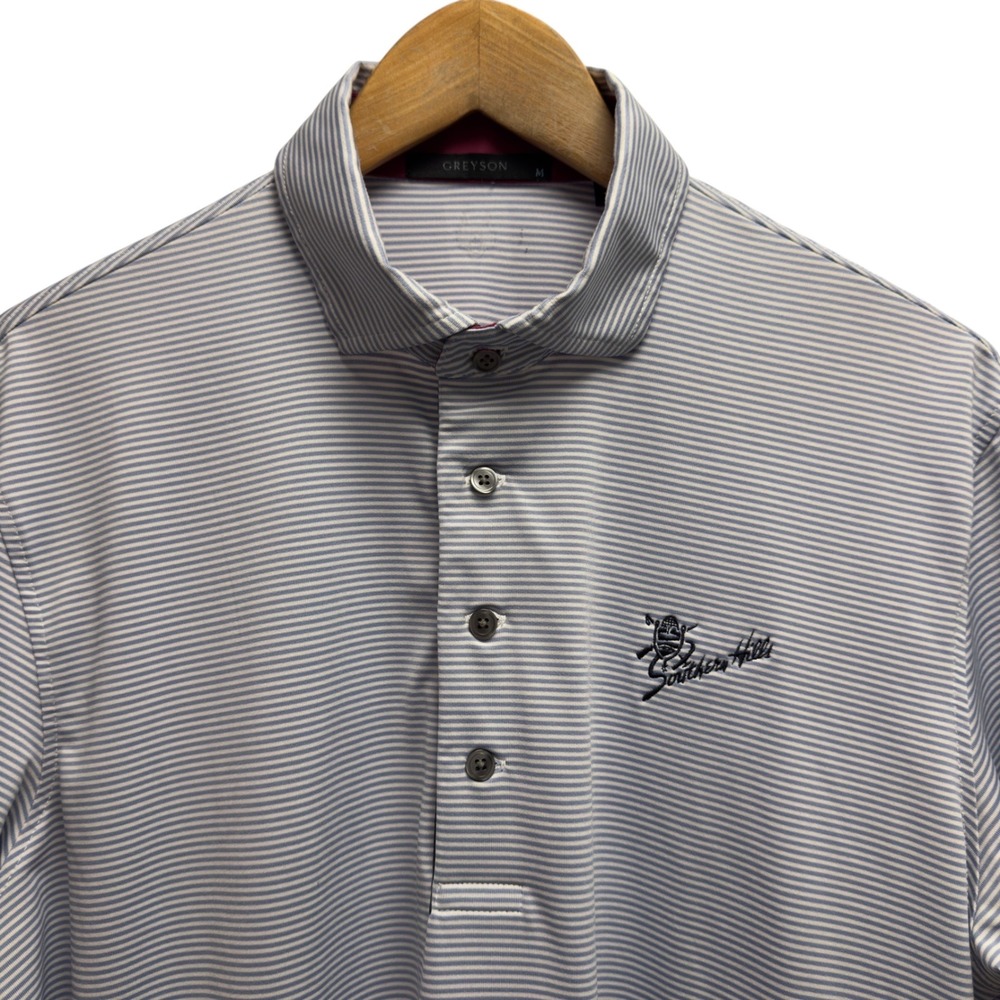 Greyson Mens Medium Blue Striped Performance Polo Southern Hills Golf Club Shirt